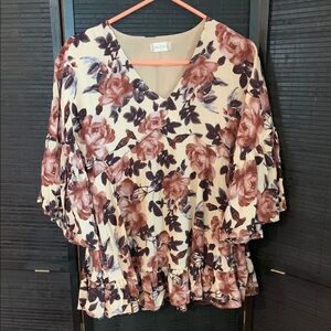 Altar'd State Cream Floral Bell Sleeve Ruffled Peplum Blouse
